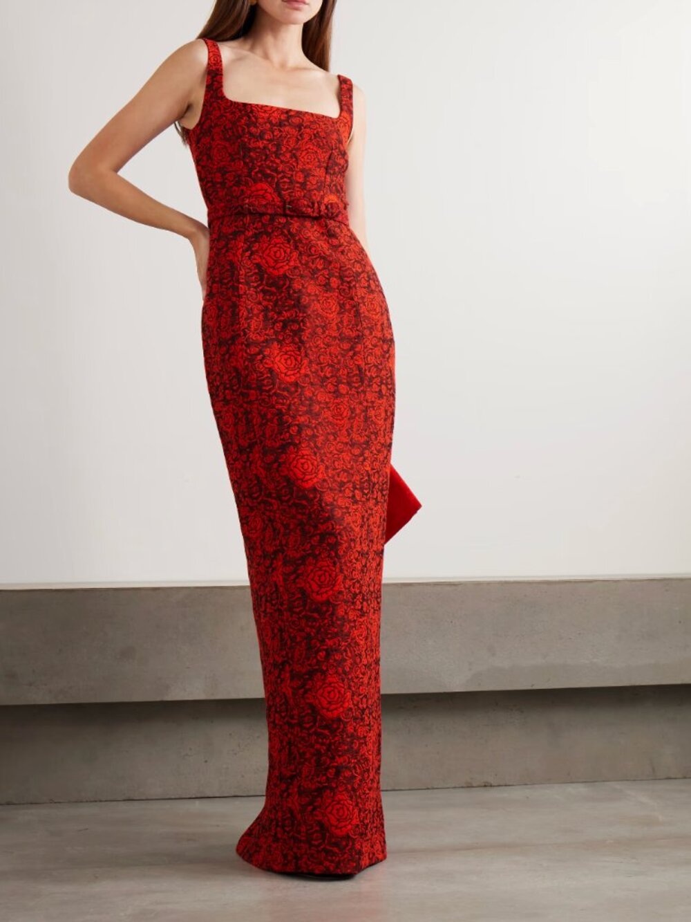 Saloni Bora belted brocade gown in scarlet rose